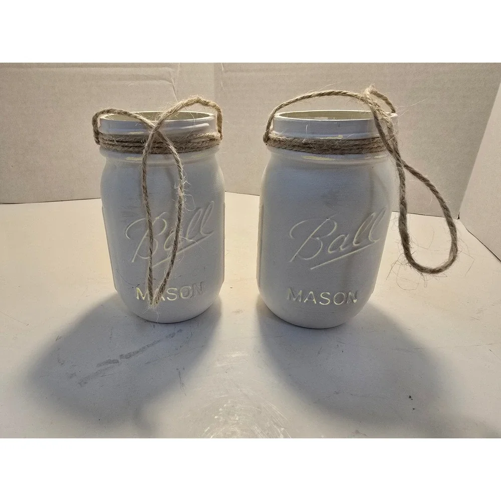 Ball Mason Jars Set of 2 White chalk Painted Distressed Rustic Hanging Decor